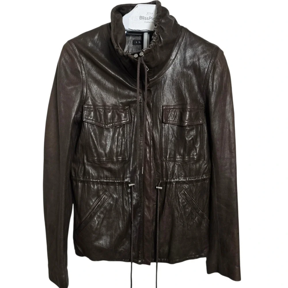 Theory Genuine Leather Field Jacket Brown Drawstring Quiet Luxury Utility